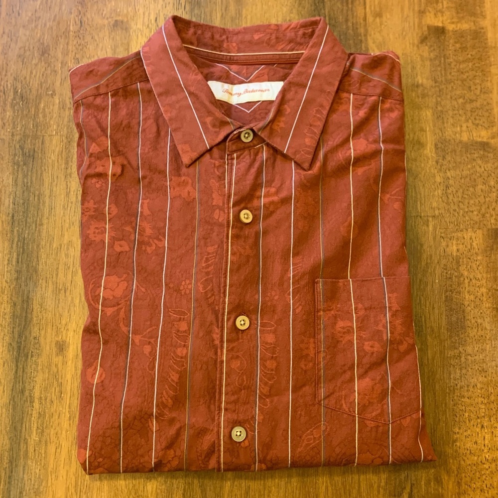 Tommy Bahama button up mens large rust orange color long sleeves cotton/silk